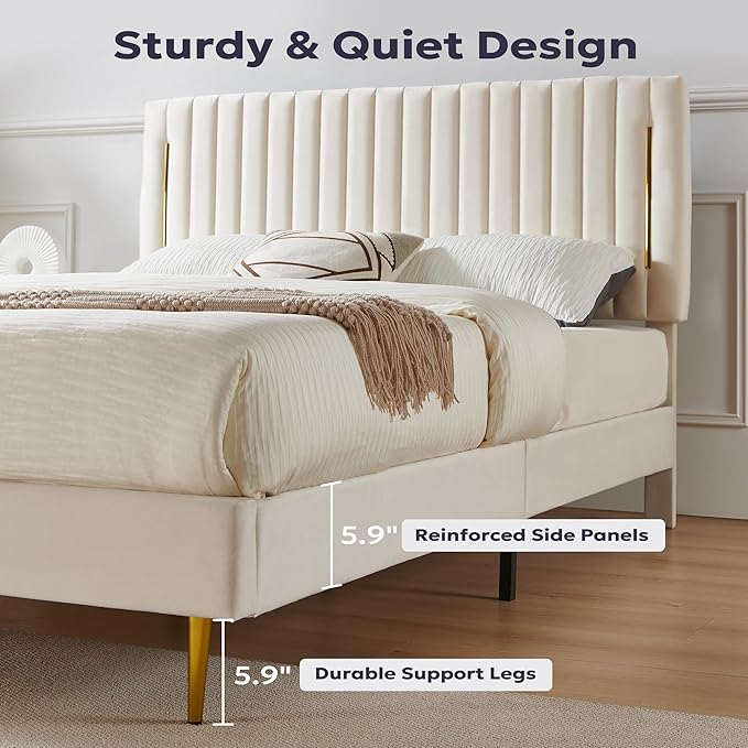 Full Platform Bed Frame, Velvet Upholstered Bedframe with Vertical Channel Adjustable Headboard, Golden Plating Trim, Mattress Foundation with Wooden Slats, No Box Spring Needed, Beige