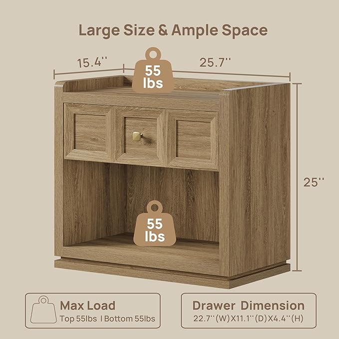 SICOTAS Night Stand Set 2, 26" Wide Nightstands with Drawer, Large Queen Size Nightstands Set of 2, Modern Bedside Table for Bedroom, Side End Table (Brown Oak, 26-Inch)
