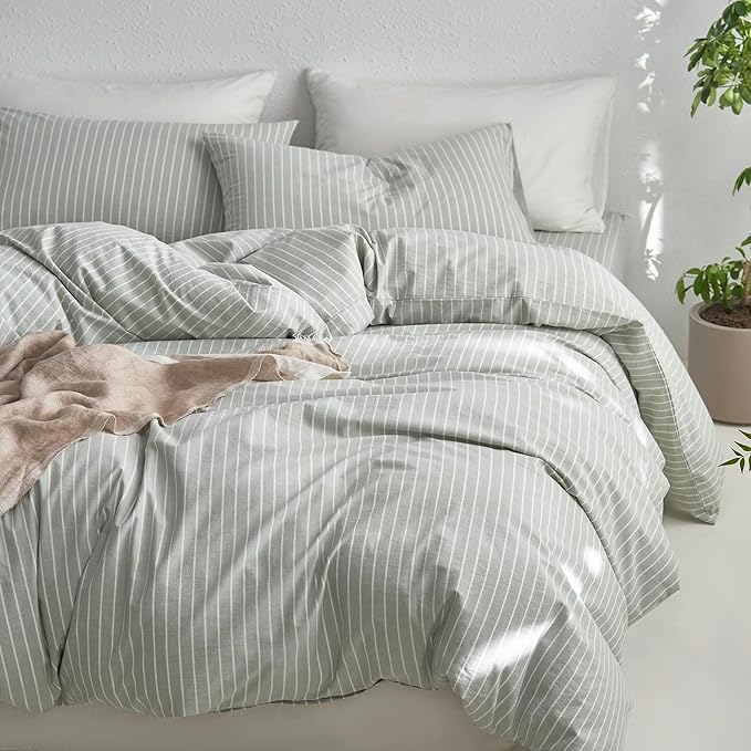 MooMee Striped Duvet Cover Set 100% Washed Cotton Linen Like Textured Breathable Durable Soft Comfy (Sage Green White Wide Stripes, Queen 90"x90")