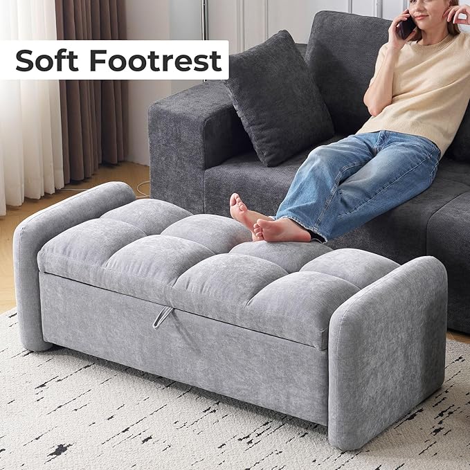 Oversized Chenille Ottoman Bench with Storage, Upholstered End of Bed Bench for Bedroom, Ottoman Foot Rest for Living Room, Light Grey