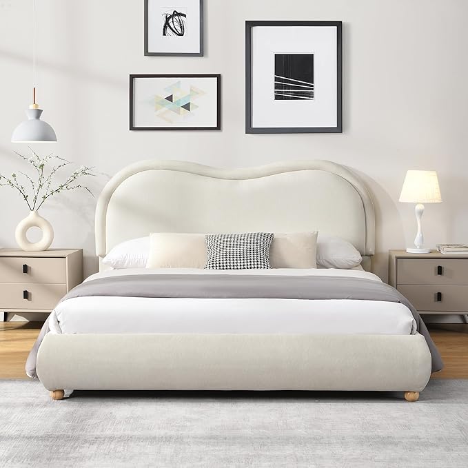 Queen Size Upholstered Platform Bed Frame, Modern Cloud Bedframe with Headboard, Low Profile Bed Floor Bed Frames with Soft Rounded Corners, No Box Spring Required, Easy Assembly, Chenille Cream