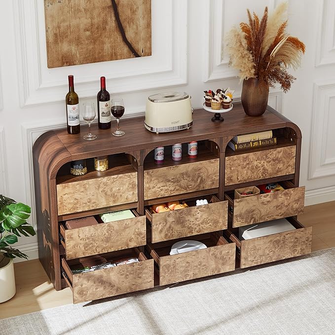 9 Drawer Dresser for Bedroom, Modern Chest of Drawers with Open Shelf, Burl Wood Long Storage Dressers for Closet, Living Room, Hallway (Walnut)