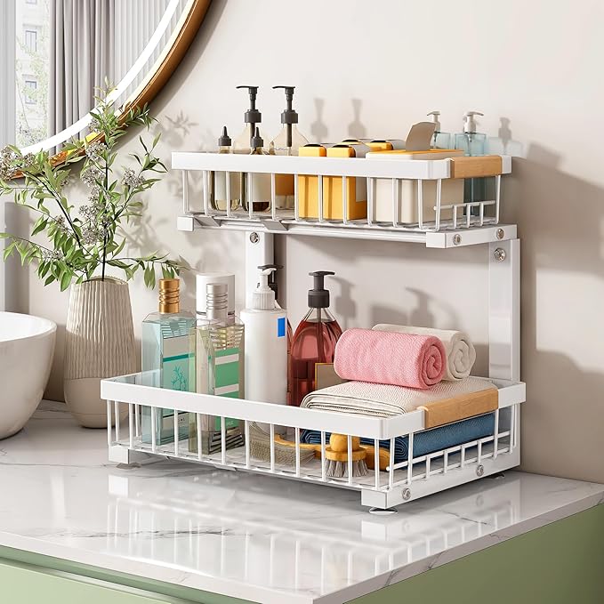 Kitstorack Under Sink Organizer, 2 Packs 2 Tier Under Sink Organizers and Storage, Slide out Pull out Cabinet Organizer Shelf, Metal Sliding Drawer for Kitchen Bathroom Pantry Closet Rack(White)