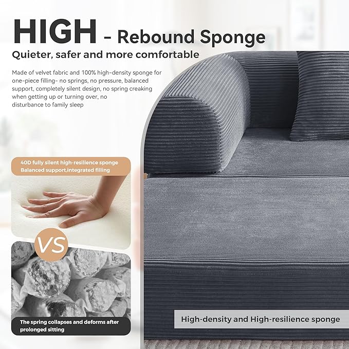 Upgrade High Backrest Design Sofa Bed with Fixed-Shape Frame & Removable Armrests and Backrest, Corduroy Fabric, Convertible Couch for Small Spaces - No Assembly Needed (High Backrest Dark Gray)
