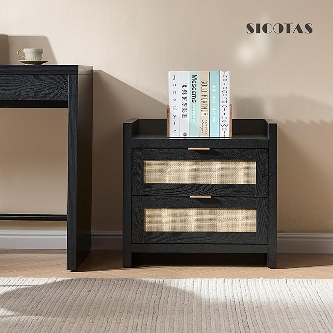 SICOTAS Black Nightstands Set of 2 Bed Side Table - Boho Night Stand End Table with Type-C Charging Station, 2 Rattan Decor Drawers Storage Cabinet Night Stands for Bedroom, Black Oak