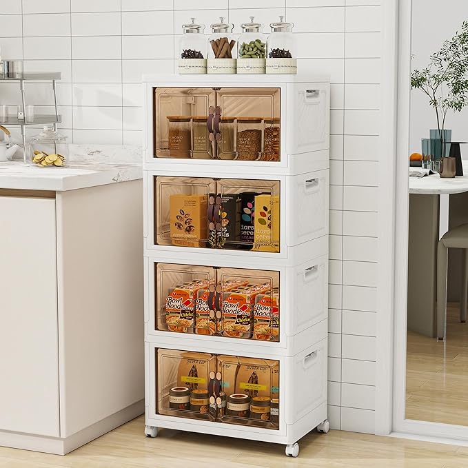 Storage Bins with Lids and Wheels, 180QT-45QT*4Tier Collapsible Bathroom Storage Cabinet with Clear Doors, Plastic Stackable Closet Organizers and Containers White