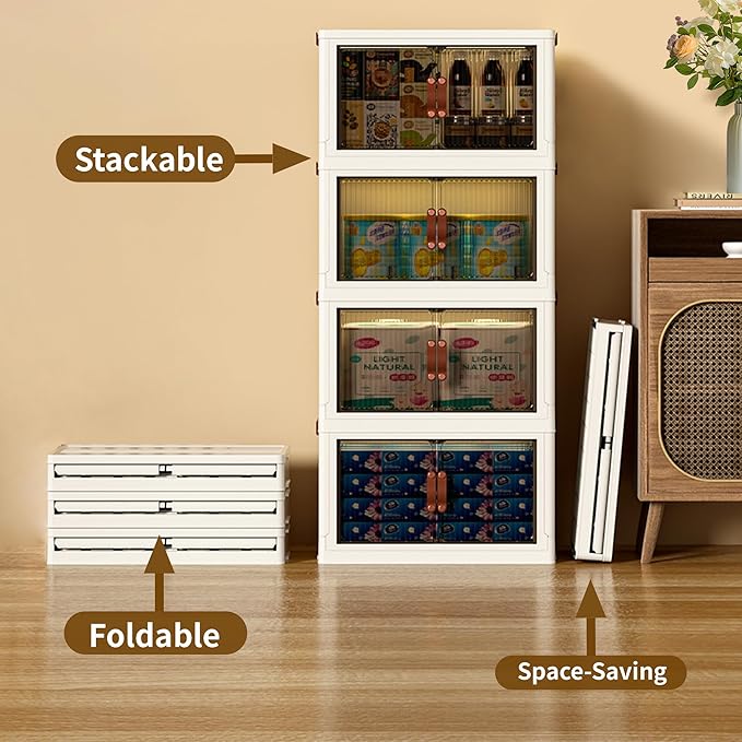130 QT Large Plastic Storage Bins with Lids Open Front, Stackable Storage Containers with Wheels for Clothes, Home, Room, White, 4 Tiers