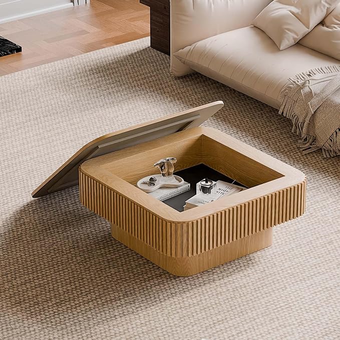 Square Small Coffee Table with Storage, Modern Wooden Coffee Table with Solid Wood Veneered, Fluted Center Table Drum Tea Table for Living Room Apartment, 31.5''L×31.5''W×14''H
