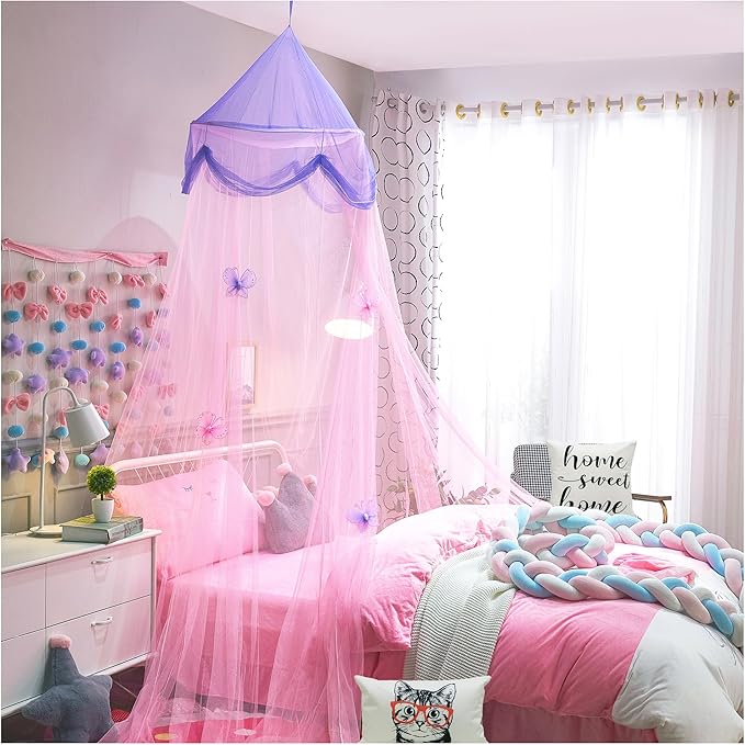 Mosquito Net Bed Canopy Curtains Princess Butterfly Reading Canopies for Girls Kids Single Twin Full Queen Size Beds, Pink and Purple