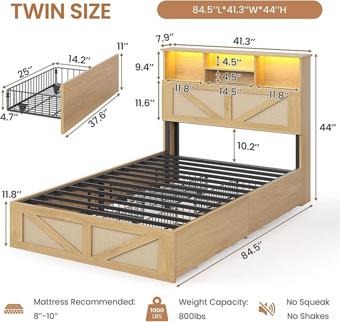 VIAGDO Rattan Bed Frame Twin Size with Bookcase Storage Headboard, Charging Station and LED Lights, Wooden Twin Bed Frames with 4 Drawers, Barn Door Design, No Box Spring Needed, No Noise, Natural
