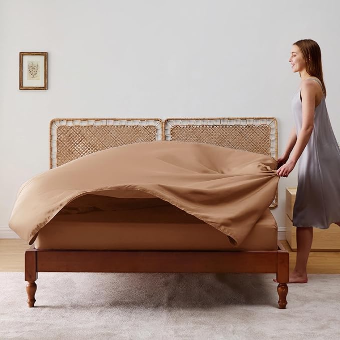 Bedsure Queen Sheet Set, Rayon Derived from Bamboo, Cooling Sheets, Breathable & Soft, Deep Pocket Up to 16 Inches, Hotel Luxury Silky Bedding for Hot Sleepers, Khaki