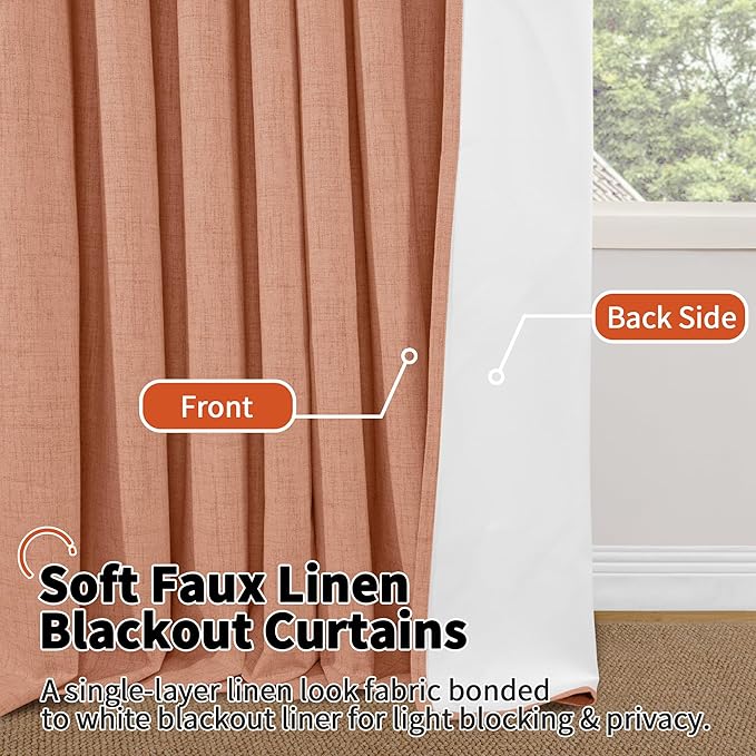 Terracotta Linen Blackout Curtains for Fall Living Room - 84 Inch Long Total Black Out Curtains for Bedroom, Thermal Insulated Room Darkening Light Blocking Curtains Each 52x84 Inch 2 Panels