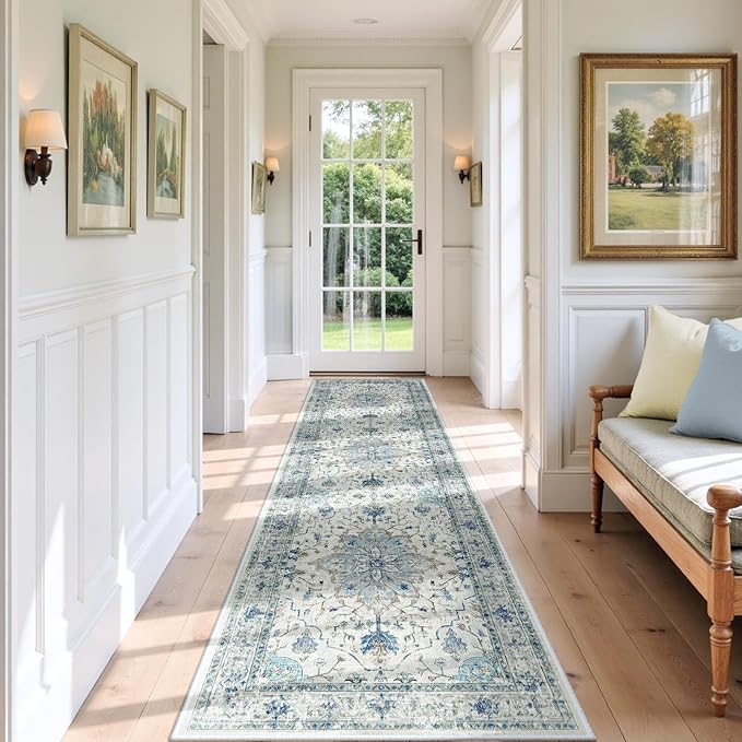 Area Rugs 2'x7' Washable Non-Slip, Floral Vintage Distress Print Pattern Medallion Carpet for Living Room Bedroom Dining Room, Light Blue Navy Beige Gray White