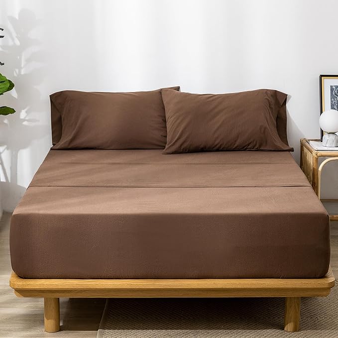 MooMee Fitted Bottom Sheet Only 100% Washed Cotton Linen Like Textured Breathable Durable Soft Comfy Deep Pocket Fits Mattress up to 17" (Cocoa Brown, King)
