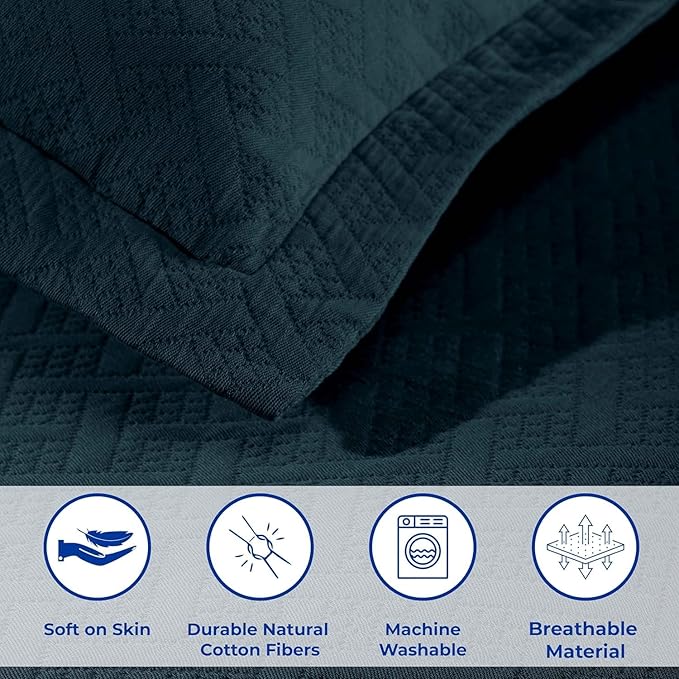 Superior 100% Cotton Basket Weave Bedspread with Shams, All-Season Premium Cotton Matelasse Jacquard Bedding, Quilted-Look Geometric Basket, King, Deep Sea