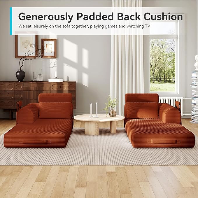 Upgrade High Backrest Design Sofa Bed with Fixed-Shape Frame & Removable Armrests and Backrest, Corduroy Fabric, Convertible Mattress Couch for Small Spaces - No Assembly Needed (High Backrest Orange)