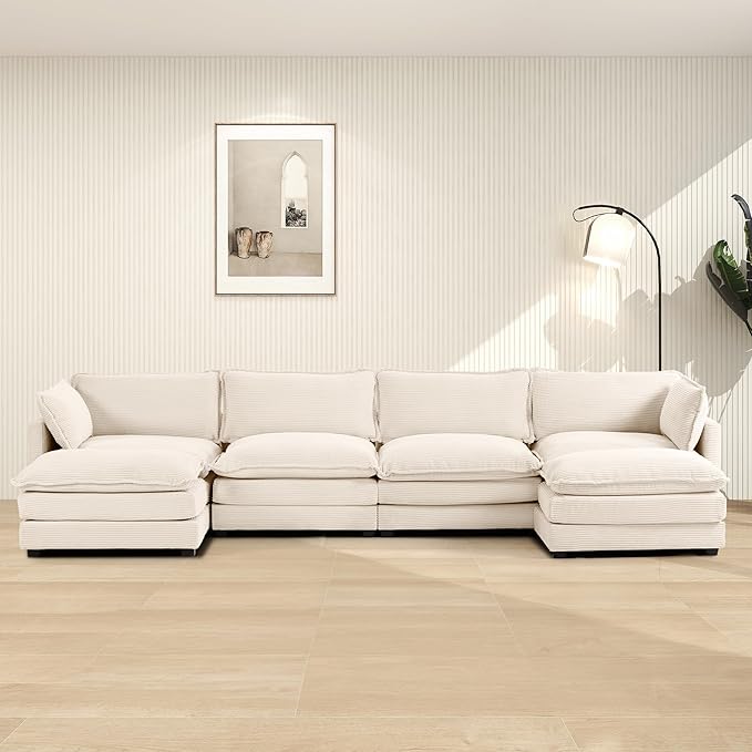 ROWHY 148'' Sectional Cloud Couch with 2 Ottomans, Oversized 4 Seat Sleeper Sofa with 2 Throw Pillows, Convertible Upholstered U Shaped Cozy Sofa Furniture Set for Living Room and Office, Beige