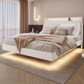 Full Size Floating Bed Frame with LED Lights & Charging Station, Upholstered Platform Bed with Hidden Storage Headboard & Shelves, Space-Saving Modern Bed for Bedroom & Apartment, Beige