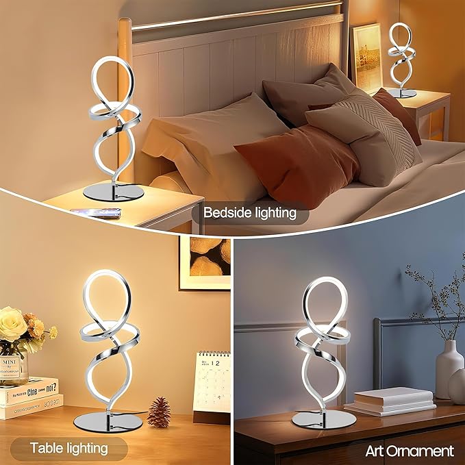 Mayful Modern Lamp with LED Spiral Design, Bedside Lamp with Stepless Dimming Switch, Contemporary Nightstand & Chrome Table Lamp for Bedroom, Living Room, Home Office, 12W 3200K Warm White,2 Pack