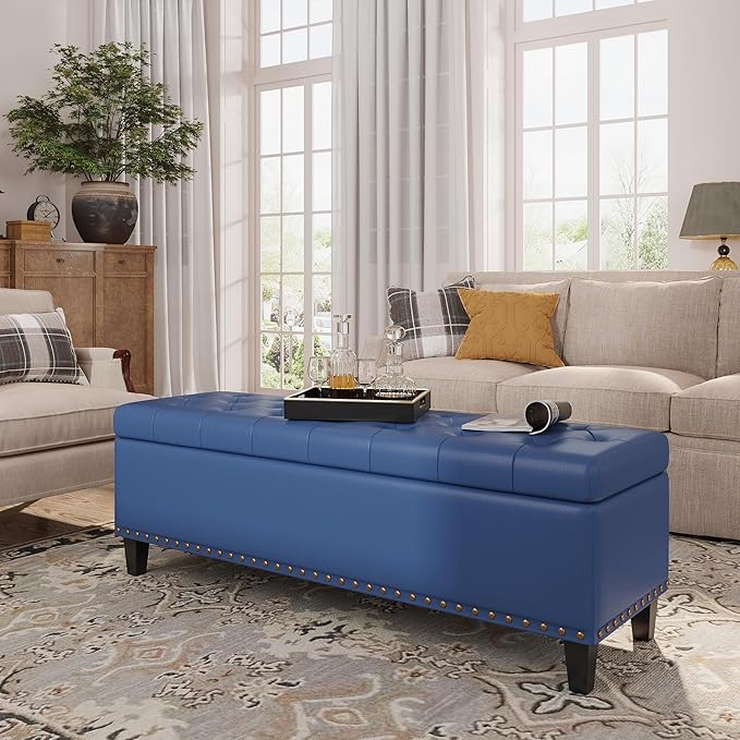 Storage Ottoman Bench,51-Inch Large Storage Bench for Bedroom End of Bed, 30 Gallons Faux Leather Ottoman with Storage for Bedroom, Living Room, Entryway, Hallway, Blue