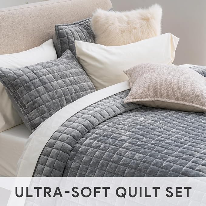 RECYCO Luxury Velvet Quilt Set Twin/Twin XL Size, Lightweight Velvet Comforter Set, Oversized Bedspread Coverlet Quilted Bedding Set, with 1 Matching Pillow Sham, for All Season, Gray
