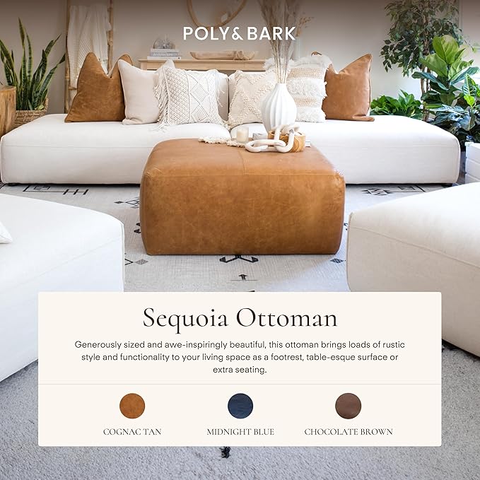 POLY & BARK Sequoia Ottoman – 35” Square Pouf with Feather-Down Topper – Full-Grain Leather Upholstered Pouf Ottoman for Living Room – Vintage Italian Leather in Cognac Tan