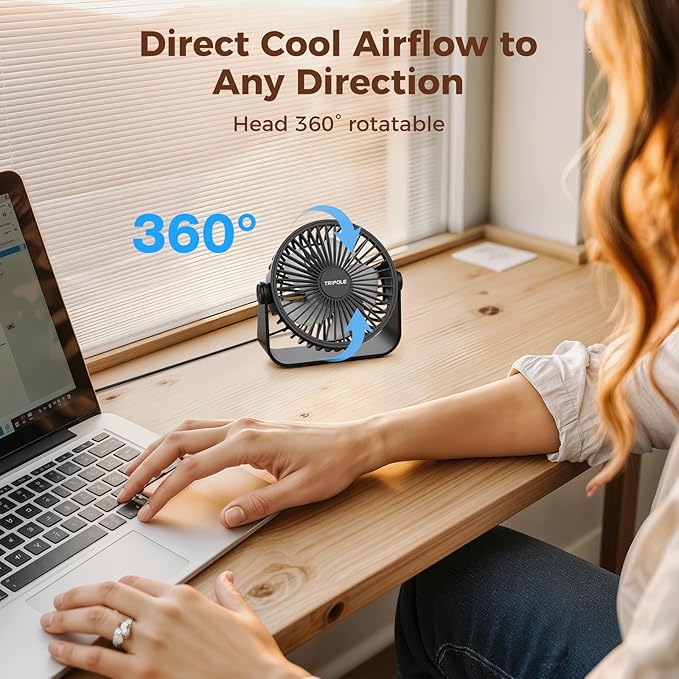 TriPole USB Desk Fan Portable Mini Fan Powerful 3 Speeds Wind Personal Desktop Fan with 360° Head Rotation for Home Office Car Indoor Outdoor Black, No Battery, 4.5 Inches
