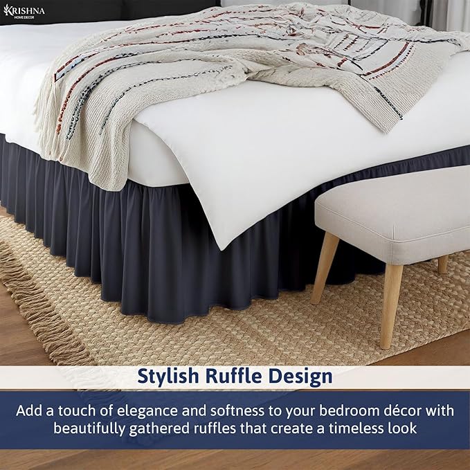 KRISHNA Ruffled Bed Skirt with Split Corners Queen, 100% Microfiber Hotel Quality, 28 Inch Drop Dust Ruffle Gathered Bedskirt with Platform, 60" x 80", Dark Grey