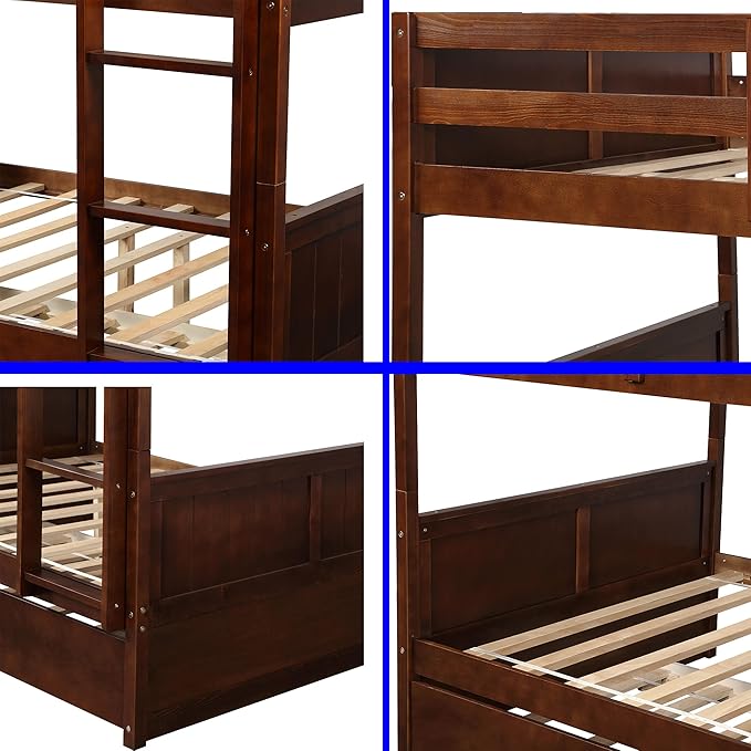 STERXONE Best Thicken Solid Wood Full Over Full Bunk Bed with Trundle, Luxurious Bunk Bed Frame Full Size with Safety Guard Rail and Ladder, Convertible to 2 Beds for Adults, Teens (Walnut)