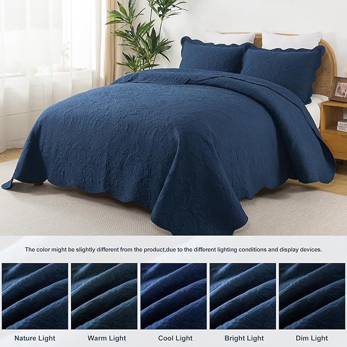HoneiLife Quilt Sets King Size - Microfiber Bedspreads for King Bed, 3-Piece Lightweight Coverlets, Retro Bedlinen Sets, King Quilt Bedding Set All Season Use-Navy