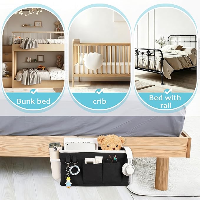 Loghot Bedside Caddy/Bedside Storage Bag Hanging Organizer for Bunk and Hospital Beds,Dorm Rooms Bed Rails,Can be Placed Glasses,Books,Mobile Phones,Keys (2pc Black)