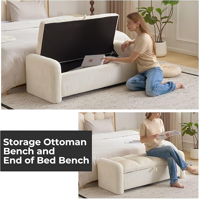 Oversized Corduroy Ottoman Bench with Storage, Upholstered End of Bed Bench for Bedroom, Ottoman Foot Rest for Living Room, Beige
