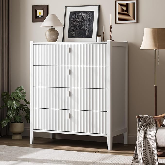 White 4 Drawer Dresser, Modern Chest of Drawers for Bedroom, Wood Fluted Dresser Organizer with Deep Drawers for Clothes, Nightstand for Bedroom, Hallway, Living Room, Entryway