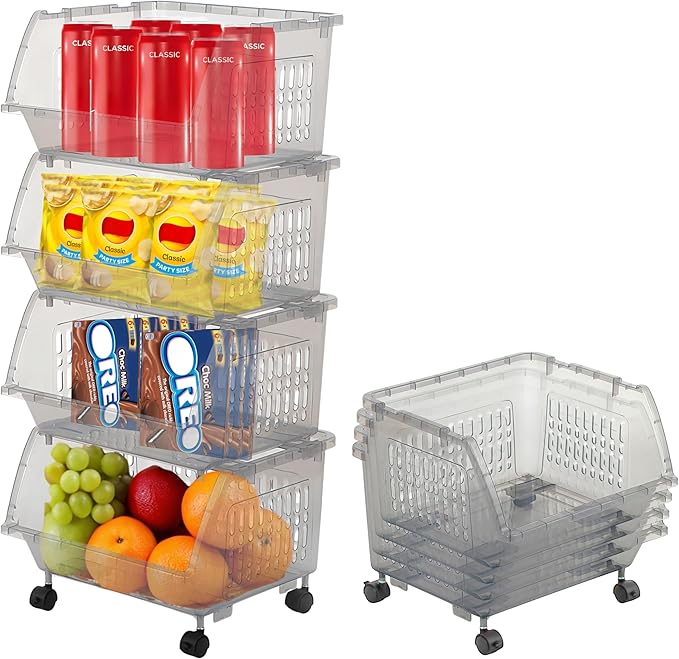 TidyFriend Plastic Stackable Bins - 4 Pack Large Stacking Bins Open Front For Toy Organizers and Storage, Pantry, Kitchen, and Bathroom Essentials (Light Grey)
