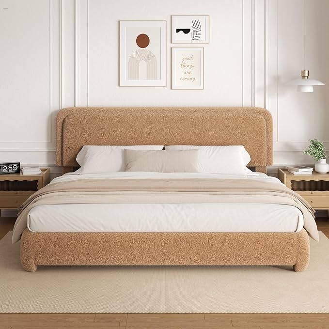 King Size Boucle Platform Bed Frame, Upholstered Cloud with Adjustable Headboard, Anti-Collision Soft Rounded Corners, No Box Spring Required, Easy Assembly, Noise Free