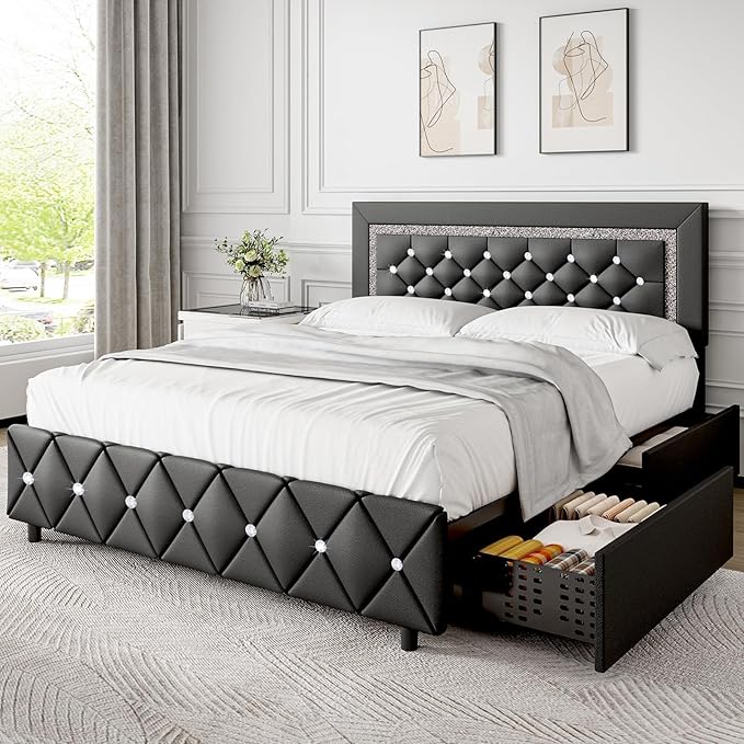 BarnFurin Queen Bed Frame with LED Lights, Upholstered Bed Frame with Storage Drawers, Modern Platform Bed with Diamond Headboard and Footboard, No Box Spring Needed, Black