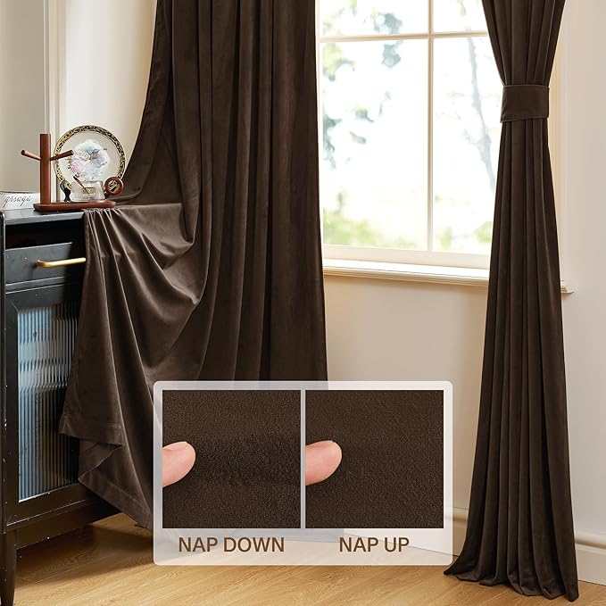 StangH Brown Velvet Curtains 102 inches Long Luxurious Thermal Insulated Drapes for Living Room, Soft Energy Efficient Curtains, Elegant Home Decor, W52 x L102, 2 Panels