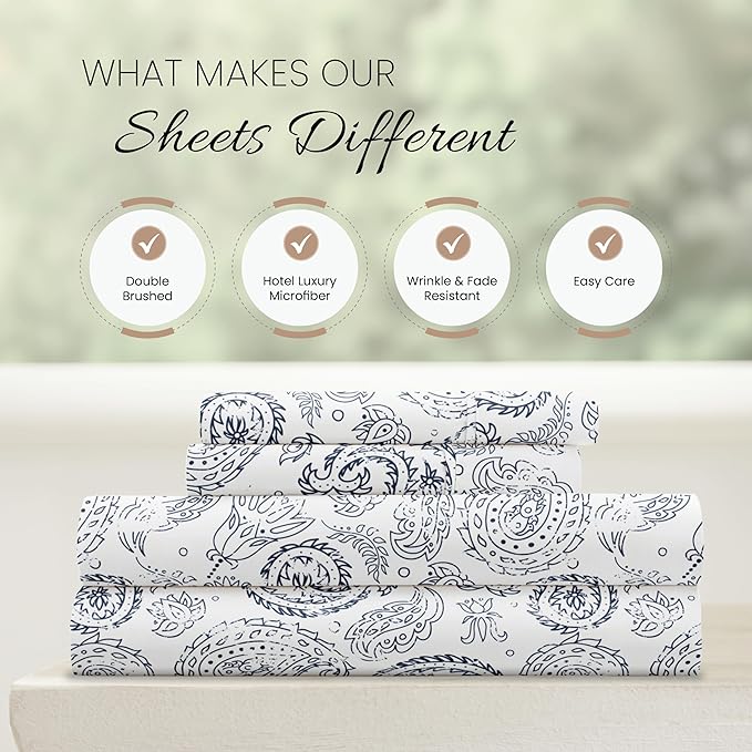 Linen Market Double-Brushed Patterned Microfiber California King Sheet Set 4 Piece – OEKO-TEX Certified Ultra Soft & Wrinkle-Free - 16" Deep Pocket Sheets Easy Care Cal-King Size - Coarse Paisley Navy