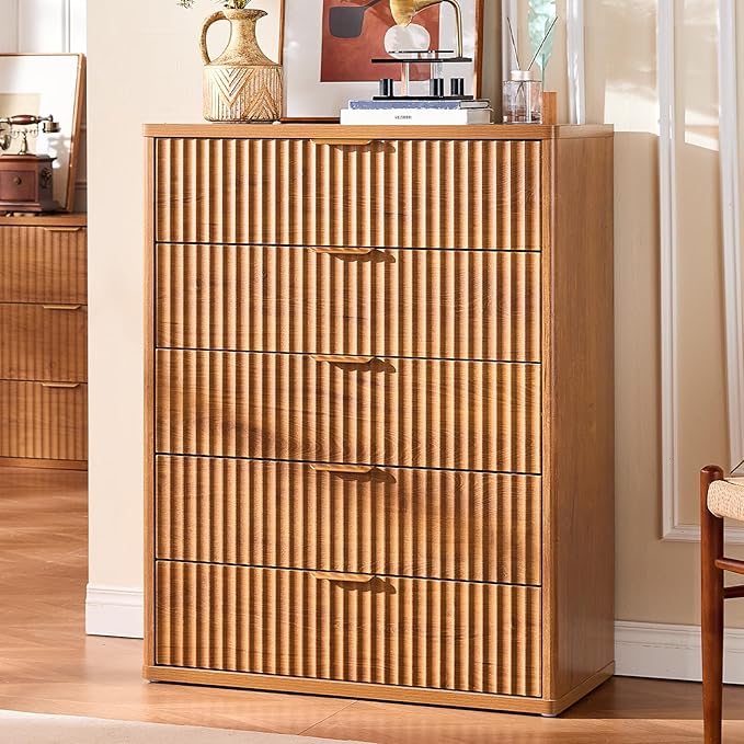 LEYAOYAO Fluted 5 Drawers Dresser Set of 2, 41" Tall Modern Chest of Drawers with Metal Handle, Curved Profile Dresser TV Stand, Wooden Drawer Organizer for Bedroom, Living Room, Hallway, Lightgrey