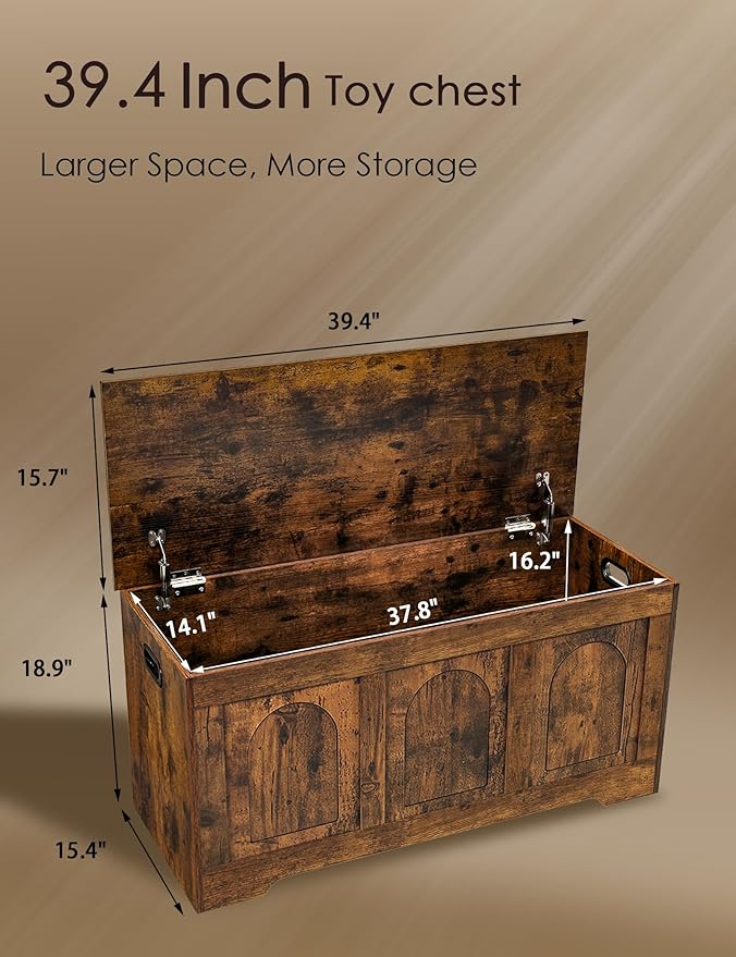 DINZI LVJ Storage Chest, 39.4” Wooden Toy Box with 2 Safety Hinges, Entryway Shoe Bench with Flip-Top, Sturdy Large Storage Trunk for Living Room, Bedroom, Playroom, Easy Assembly, Rustic Brown