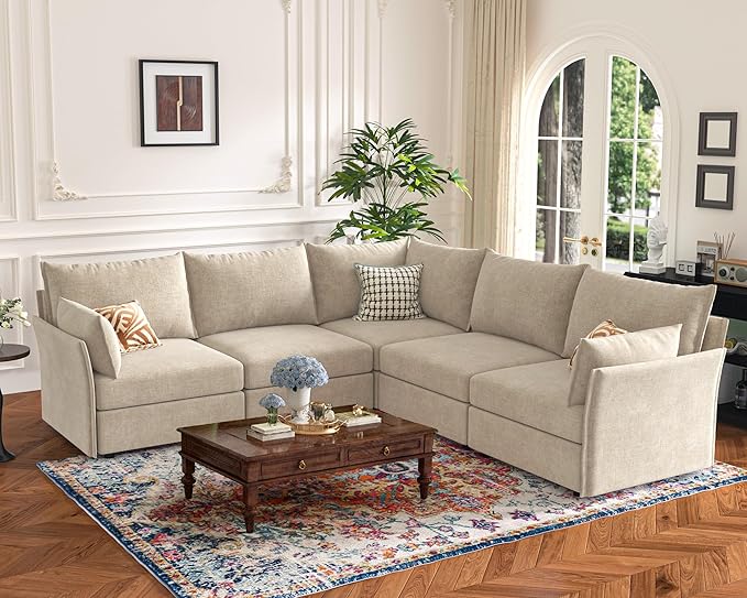ABCASA 135.5" Oversized Modular Sectional Sofa, L Shaped Convertible Couch with Movable Ottoman, 5 Seat Corner Couches for Living Room Deep Seat Beige Chenille