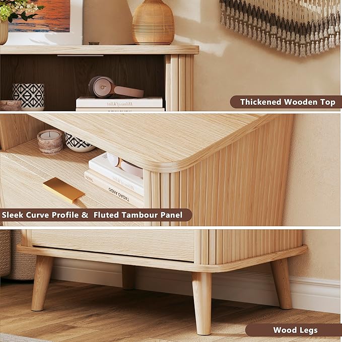 Fluted Nightstand, Night Stand with Charging Station, Mid Century Modern Bedside Table with Drawer & Open Shelf, Curved Profile Design, End Side Table with Storage for Bedroom, Oak
