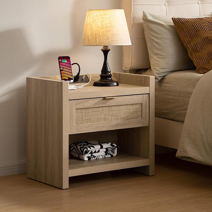 SICOTAS Rattan Nightstand End Table - Boho Night Stand Bedside Table with Type-C Charging Station, Wicker Decor Drawer Storage Cabinet Night Stand for Bedroom - Light Oak