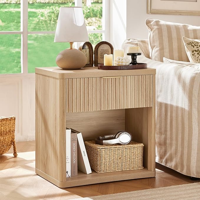 LEYAOYAO 48" Wide Fluted Dresser and 1 Drawers 23" Nightstand Set of 2, Wooden Dresser & Night Stand with Charging Station, 3 Piece Bedroom Furniture Set, Chest of Drawer for Living Room,Natural Wood