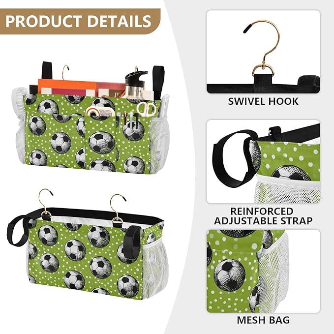 Bedside Caddy Hanging Bunk Bed Caddy Bed Organizer Hanging Pocket with 2 Hooks Bedside Storage Organizer Pocket Bag Holder Deep Green Soccer Balls Dots