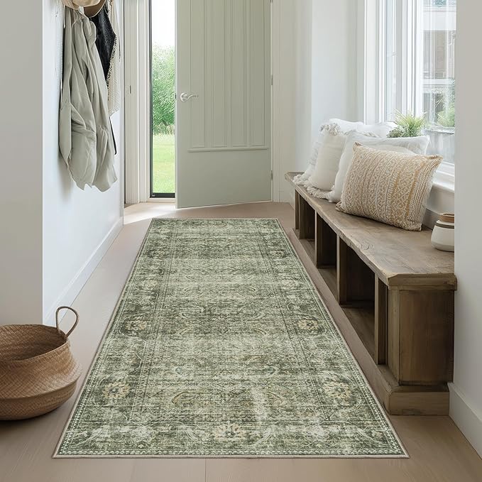 FMFUNCTEX 2x6 Runner Rug Green Vintage Neutral Washable Distressed Non Slip Low Pile Indoor Carpet Soft Retro Hallway Entryway Rug for Kitchen Living Room Bedroom Bathroom Laundry Entrance Bedside