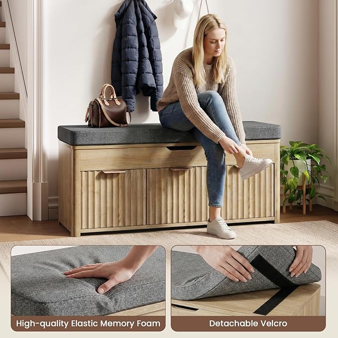 Shoe Bench with Storage - Lift Top Entryway Bench with Hidden Storage, Shoe Rack with Adjustable Shelves and Cushioned Seat, Wooden End of Bed Bench for Bedroom, Living Room and Hallway,Nature