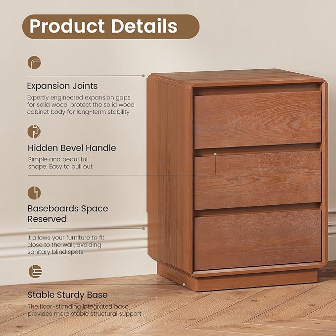 Solid Wood Nightstand, Natural Wood Night Stand with 3 Drawers, Mid Century Modern Nightstand with Storage, Bedside Table for Bedroom, Office, Brown