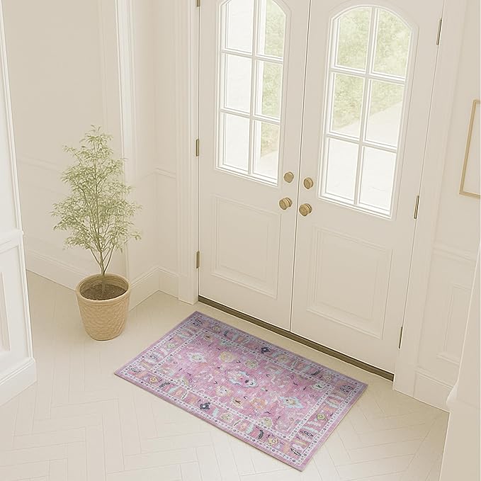 Fame Rugs Pink Modern Oushak Rug 2x3, Vintage Doormat Turkish Colorful Oriental Antique Inspired Washable Small Area Rug, Luxury Living Room Bedroom (995PP, 2' x 3')