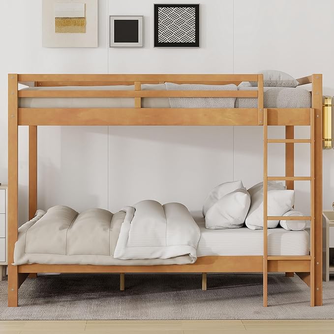 Bellemave Queen Over Queen Size Bunk Bed for Kids/Adults,Solid Wood Bunk Bed Frame Queen Size with Ladder & Safety Guardrails,Wood Color